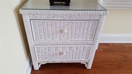 Pair of Lexington Henry Link White Wicker Side Tables w/2 Drawers & Glass Tops (24" x 17" x 24")
