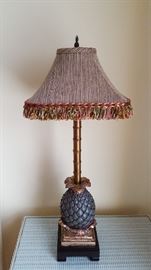Pair of 28" Decorative Pineapple Lamps w/Tyndale Fabric and Fringe Shades
