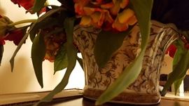 Red Silk Floral Arrangement in Porcelain Fluted Vase