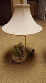Ceramic Frog Lamp w/Ivory Trumpet Silk Shade