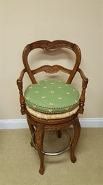 Pair of French Country Swivel Wood Bar Stool w/Rush Seat & Upholstered Green Cushion (20" x 16" x 41")