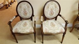 Pair of Brown/Gold Louis XVI Oval Armchairs w/Pastel Tapestry Upholstery (22" x 20" x 38")