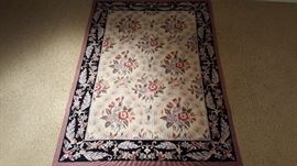4' x 5'6" French Needlepoint Aubusson Wool Rug, Lavendar & Black Border w/ Ivory Center Floral Pattern