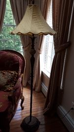 65" Dark Metal Floor Lamp w/Round Stone Detail & Silk Trumpet Shade