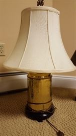 28" Brass Base w/Imprinted Pattern Lamp w/Ivory Trumpet Silk Shade & Decorative Finial