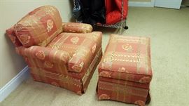 Isenhour Furniture, Coral w/Rose Pattern Upholstered Chair (32" x 35" x 33") w/Ottoman (27" x 19" x 17")
