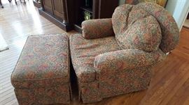 Isenhour Furniture, Floral Upholstered Rolled Armchair (36" x 36" x 36") w/Ottoman (30" x 20" x 19")