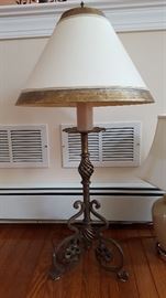 33" Metal Scroll Lamp w/Paper Shade Edged in Gold