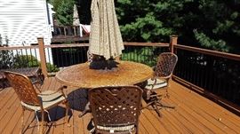 Outdoor Furniture: Bronze Metal 60" Round Table with Umbrella and 2 Rocking Chairs & 2 Armchairs w/Sunbrella Cushions