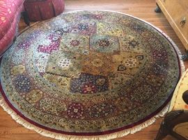 82" Round Handknotted Wool Rug, Red/Gold/Blue/Beige Oriental Motif