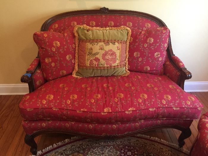 Wood Framed French Style Chair & a Half, Red Floral Upholstery