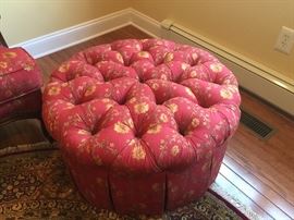 36" Round Tufted Ottoman in Red Floral Upholstery