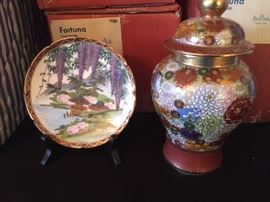 Hand painted plate; jar