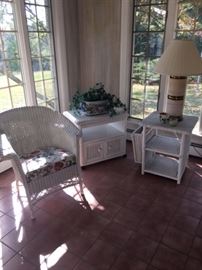 RATTAN Sunroom side chair, swivel end table; end table with 2 shelves