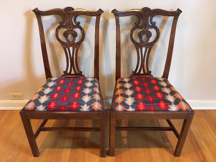 Pair Chippendale style side chairs with needlepoint seats