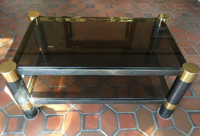 Attributed to Karl Springer, tiered coffee table, mixed metal & smoked glass, unsigned