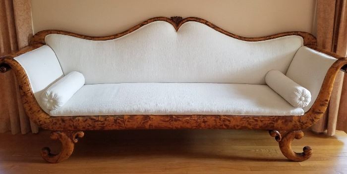 19th c tiger maple settee, with Holly Hunt fabric from Richard Himmel