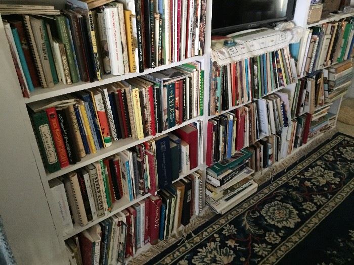 Large book collection, including cookbooks