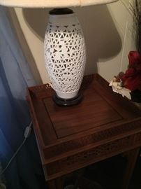 Pair of white reticulated ceramic table lamps