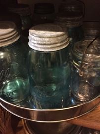 Vintage blue glass canning jars