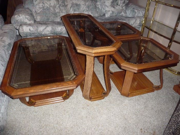 WOOD/GLASS COFFEE TABLE, SOFA TABLE, 2 END TABLES