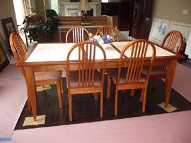WOOD & TILE TOP DINING TABLE W/ 1 LEAF & 6 CHAIRS