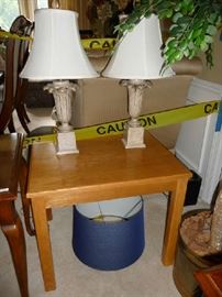 END TABLE, LAMPS, BLUE LAMP SHADE