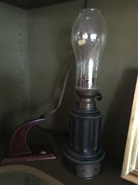 Vintage Schott Gas Lamp Glass Chimney 6" atop a antique French  Lampe Moderateur T Et G Brevettes 