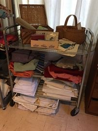 Metal Cart, Baskets, Vintage Linens, Mid Century Textiles