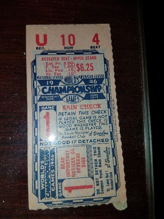 1946 St. Louis Cardinals vs. Boston Red Sox Game 1 ticket stub. House and basement  is packed full of collectibles!!