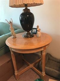 one of a pair of blond wood side table - lladro figurines, hawaiian girl and girl with oranges. Great black mid century classic table lamp