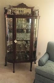 Antique Oak Curio Cabinet with Fancy Beveled Mirror