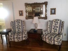 Blue and White upholstered Wingback Chairs