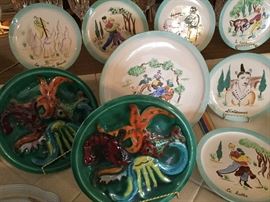 Majolica oyster plates and hand painted plates from Cerenne, France. WWII 