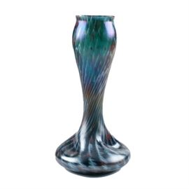 Rindskopf Nouveau Art Glass Vase: A Rindskopf art glass vase, ca. 1900. The vase has a pinched, bulbous form base with spiral twist decoration. Appearing in a rich green-blue color with striations of wispy red and white color. The vase remains unmarked with a polished pontil.