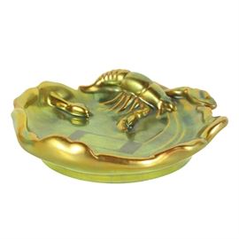 Zsolnay Ceramic Lobster Figural Dish: A Zsolnay ceramic dish with lobster figural, Pécs, Hungary, ca. 1930. Decorated with eosin and iridescent colored glazes. Marked to the underside with a Zsolnay stamp.
