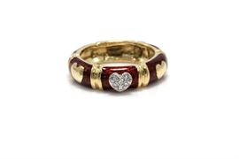 Hidalgo 18K Yellow Gold Diamond Heart Band: A yellow gold designer shank with a diamond heart to the center of red paillone enamel gold heart accented sections.