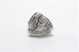 Sterling Silver 1.85 CTW Diamond Ring: A sterling silver shank with triangle cluster of round cut diamonds to the center of a wrapped border of channel set baguettes and round cut shared prong diamonds.