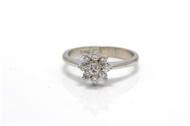 14K White Gold Diamond Ring: A reverse tapered white gold shank with pointed round cut diamond cluster to the center.