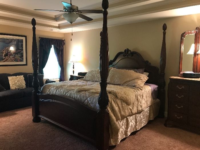 Solid Hardwood Bedroom set with Dresser & mirror, Bachelor Chest, Armoire with many drawers (not shown), & padded bench(not shown).
