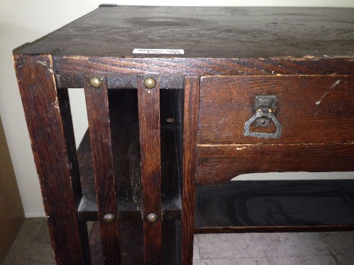 Details of Mission Oak Desk -- original hardware