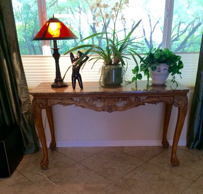 Marble topped carved wood console table $225