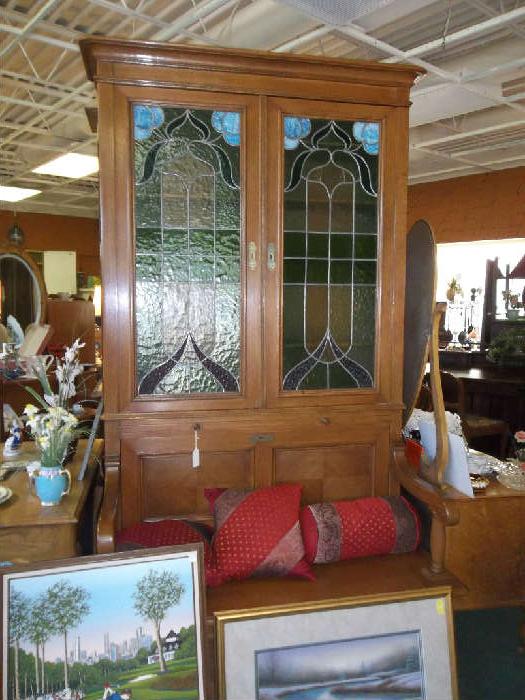 1800's stained glass bookcase /bench