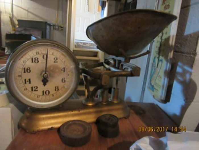 Jacobs, NY made this brass scale. All the weights are  original to the piece.  There are three other scales  that are balance scales. There are 2 scales from 1940-50 for babies.  