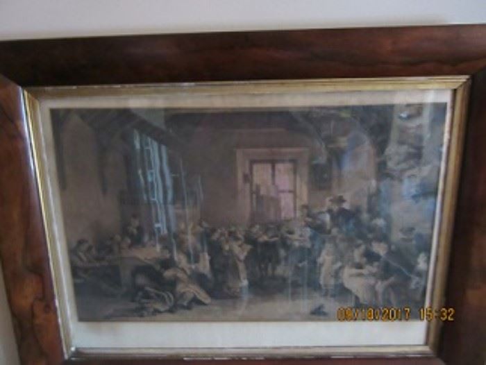Lithograph of early school. Children singing, falling off chair and lots opf action in this piece.