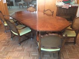 Casual dining, hexagonal table with 6 chairs, 2 leaves, and matching server