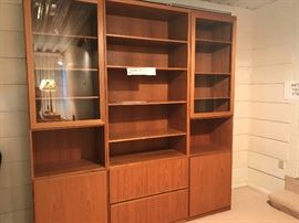 Teak office furniture: 3-piece teak bookcases/drawers, teak desk, 4 drawer lateral file, 2 drawer lateral file