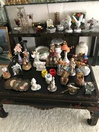 Oriental coffee table, sofa table (rear), and lots of knick knacks and collectibles