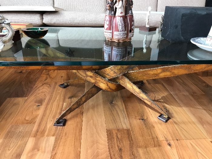 Brutalist coffee table with glass top. Style of Silas Seandel