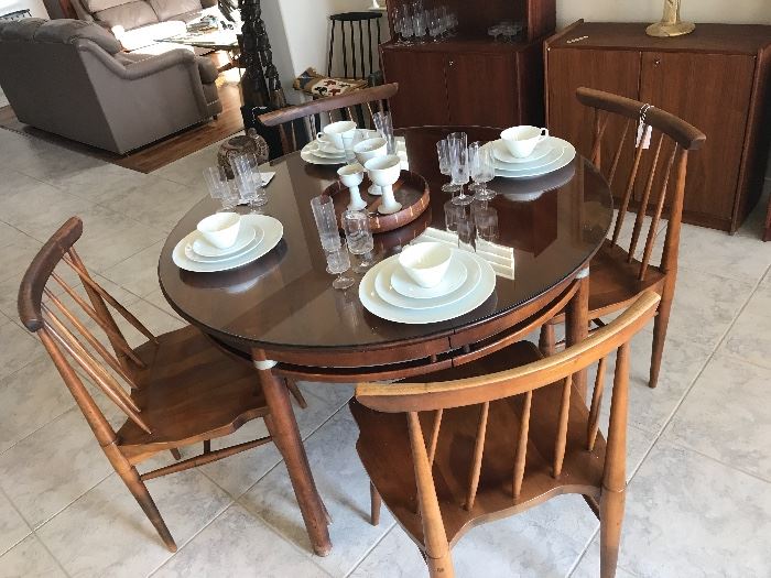 Willets chairs and mid century dining table with leave and great china and crystal